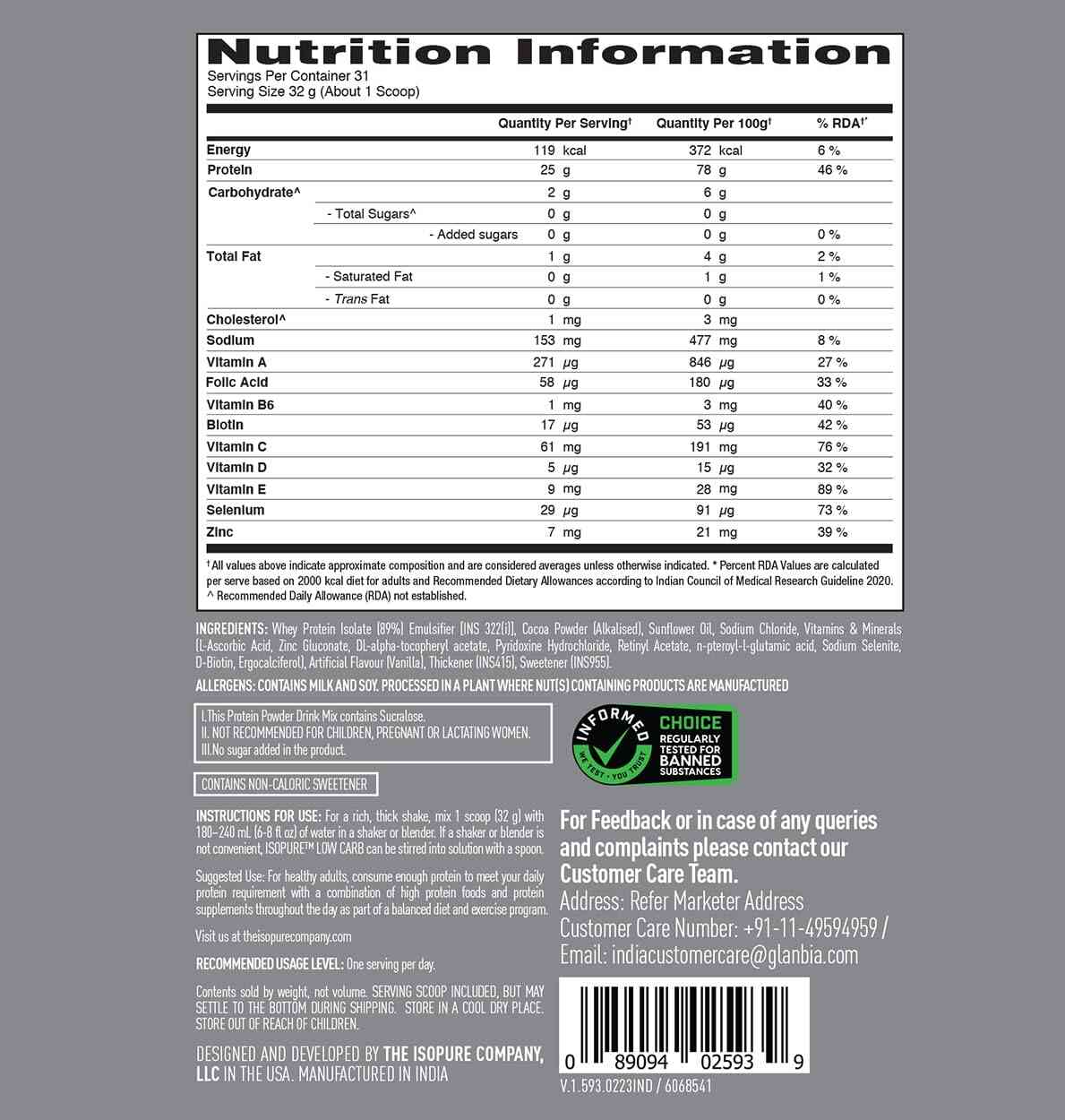Isopure Low Carb 100 Whey Protein Isolate Powder